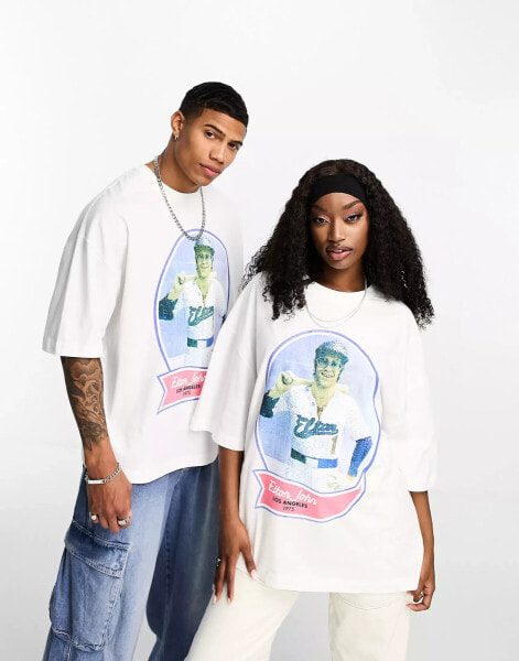 ASOS DESIGN unisex oversized t-shirt with Elton John print in off white