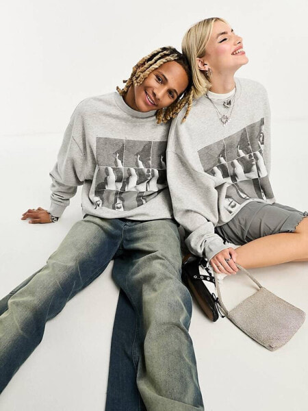 COLLUSION Unisex photo polaroid front print oversized sweatshirt in grey marl