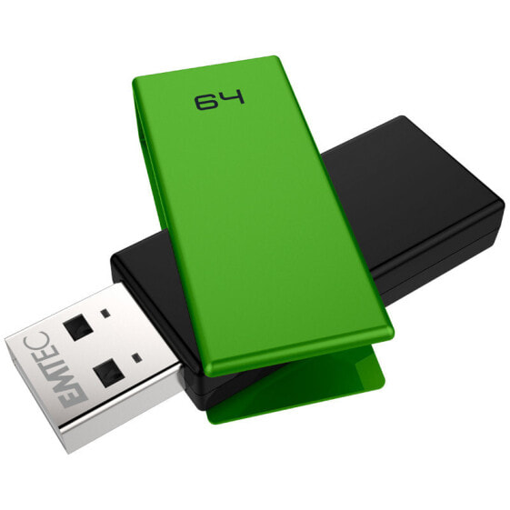 Флеш-накопитель EMTEC C350 Brick 2.0 - 64 ГБ - USB Type-A - Swivel - Черный, Зеленый
