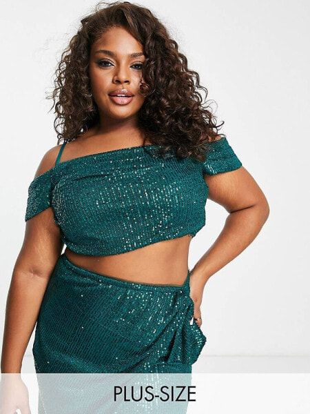 Jaded Rose Plus off shoulder crop top in emerald sequin co-ord