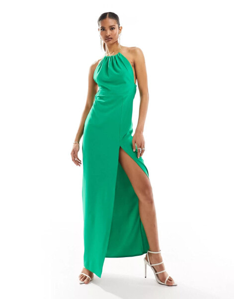 Vesper halterneck cross back maxi dress in green