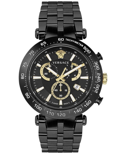 Men's Swiss Chronograph Bold Black Ion Plated Bracelet Watch 46mm