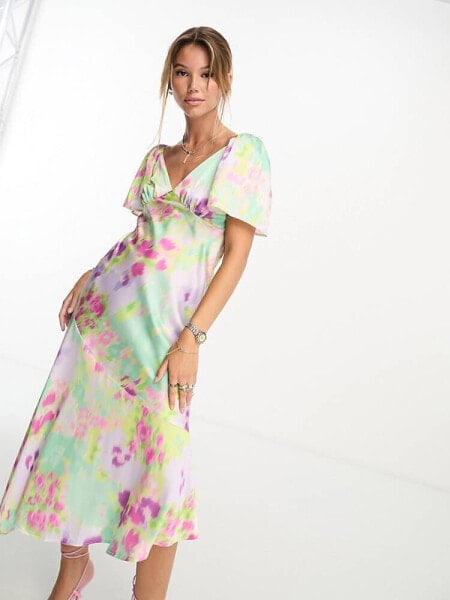 New Look flutter sleeve satin midi dress in yellow and pink floral