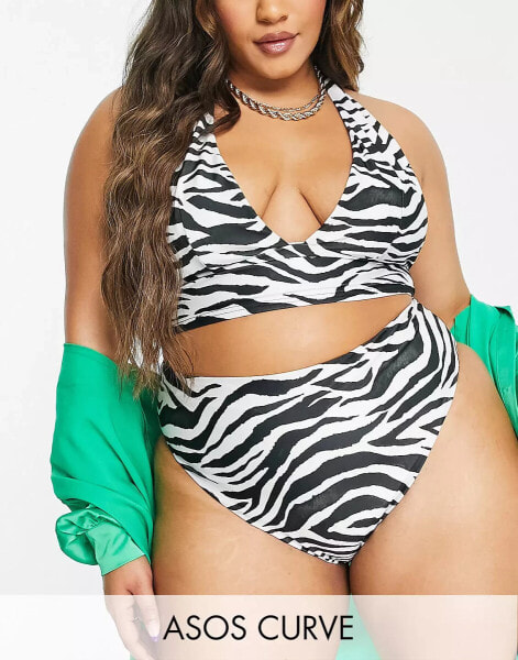 ASOS DESIGN Curve – Mix and Match – Bikinihose mit Zebramuster und hohem Beinausschnitt