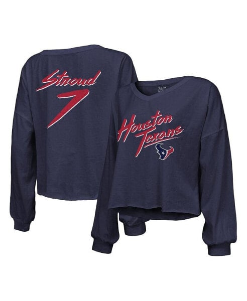 Women's Threads C.J. Stroud Navy Distressed Houston Texans Name and Number Script Off-Shoulder Cropped Long Sleeve T-shirt