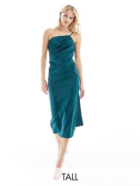 In The Style Tall satin one shoulder strappy midi dress in emerald