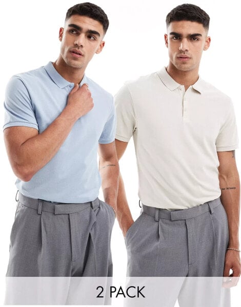 ASOS DESIGN 2 pack pique polos in charcoal and khaki