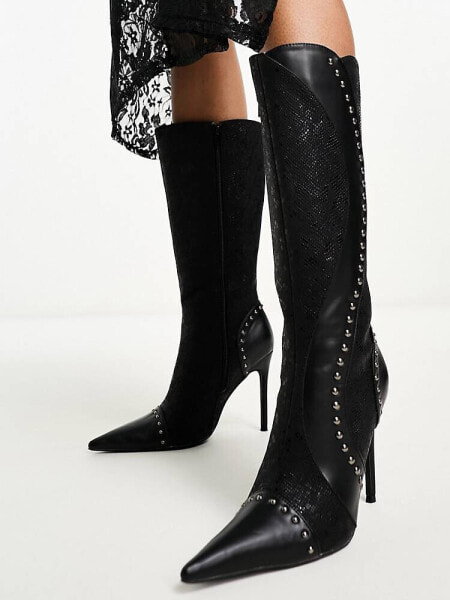 Daisy Street wavy studded knee boots in black