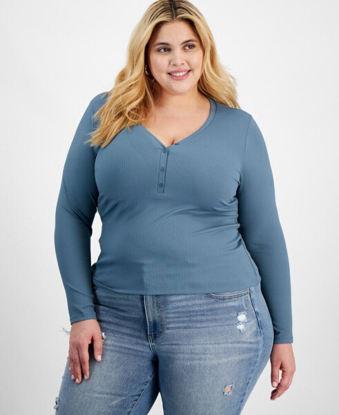 Trendy Plus Size Long-Sleeve Henley Top, Created for Macy's