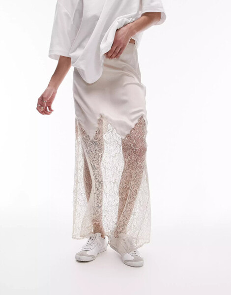 Topshop satin lace mix maxi skirt in oyster