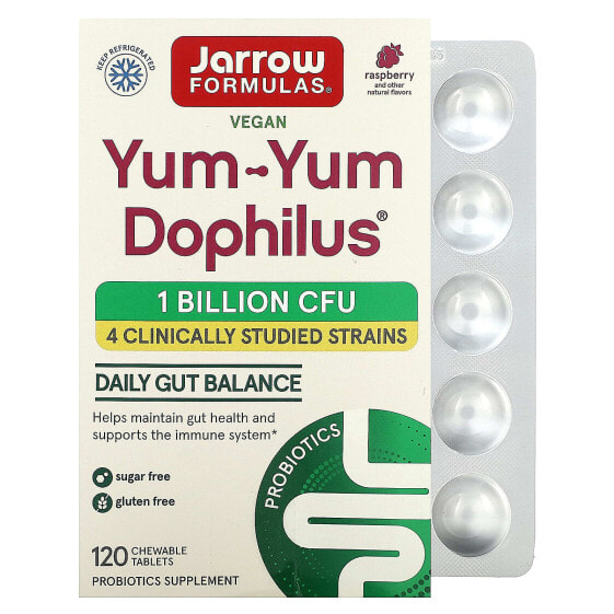 Пробиотик для здоровья кишечника Jarrow Formulas Yum-Yum Dophilus, Малина, 1 миллиард КОЕ, 120 жевательных таблеток