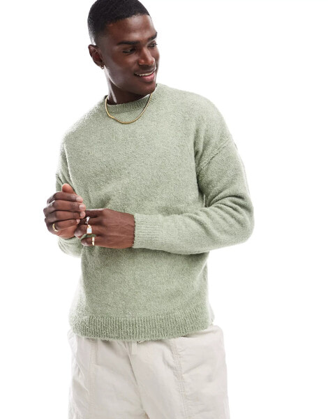 ASOS DESIGN relaxed knitted lightweight jumper in sage green boucle texture