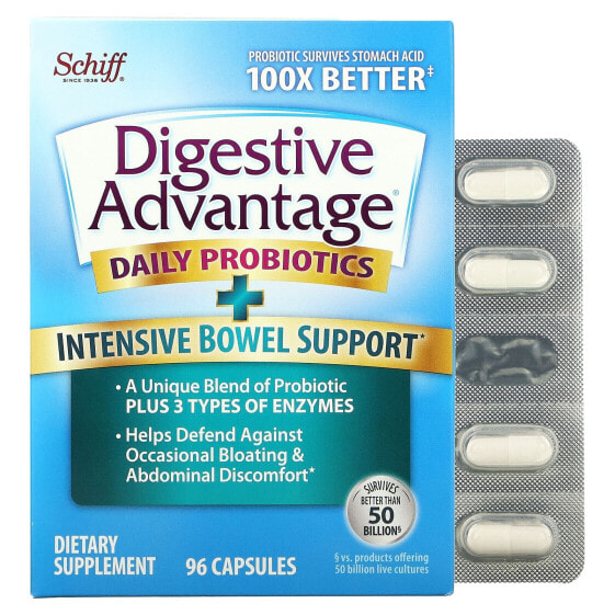 Пробиотики для пищеварительной системы Schiff Digestive Advantage, Daily Probiotics + Intensive Bowel Support, 96 капсул