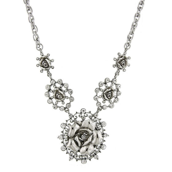 Silver-Tone Crystal Multi Flower Drop Necklace 16" Adjustable