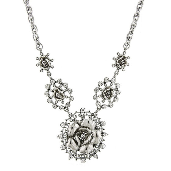 2028 silver-Tone Crystal Multi Flower Drop Necklace 16" Adjustable