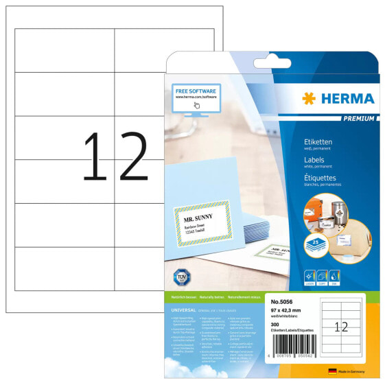 HERMA Labels Premium A4 97x42.3 mm white paper matt 300 pcs. - White - Self-adhesive printer label - A4 - Paper - Laser/Inkjet - Permanent