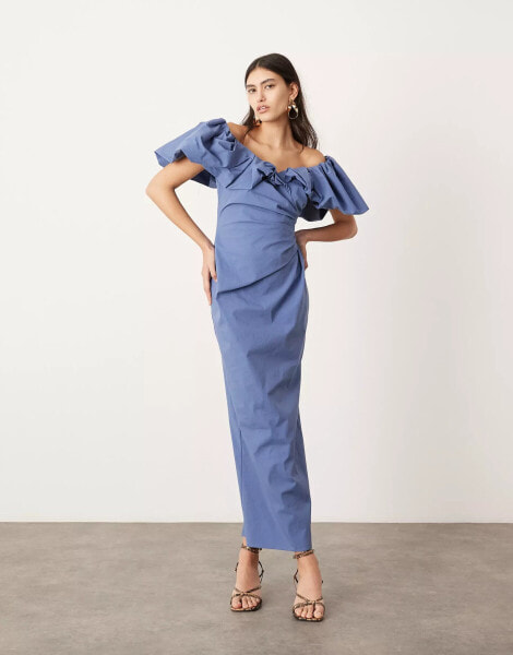 ASOS EDITION bardot ruched puff sleeve maxi dress in blue