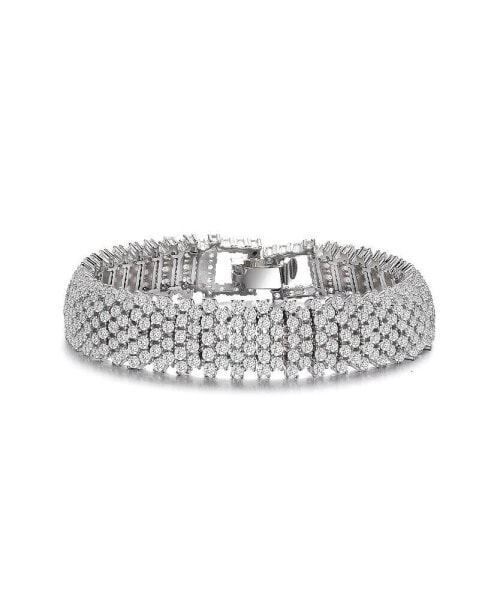 Sterling Silver with Rhodium Plated Clear Round Cubic Zirconia Five Row Bracelet