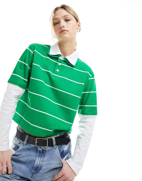 ASOS DESIGN double layer fitted striped rugby top in green and white