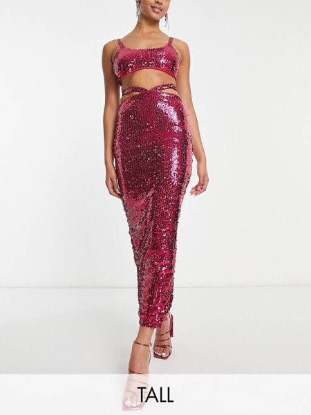 Simmi Tall sequin cut out waist maxi skirt co-ord in pink