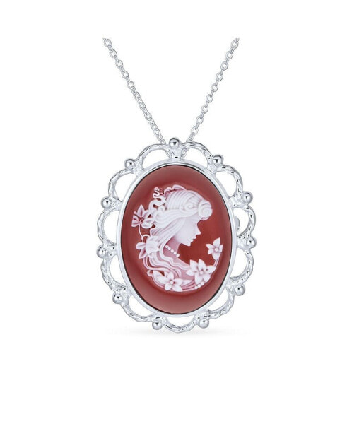 Large Classic Antique Terracotta Red White Carved Oval Framed Victorian Lady Portrait Cameo Pendant & Brooch Necklace For Women .925 Sterling Silver