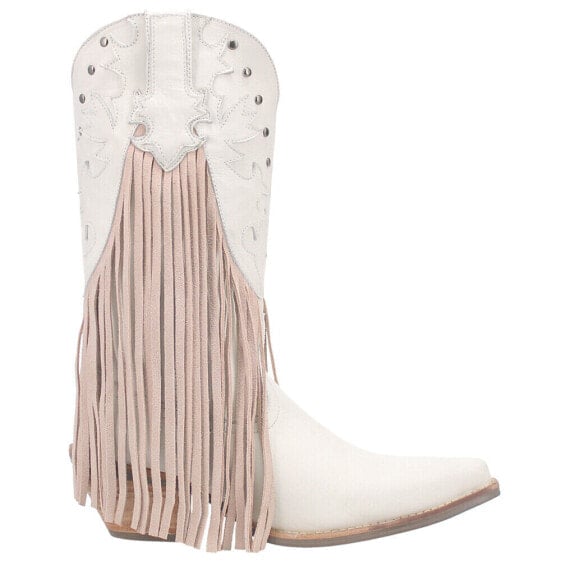 Dingo Hoedown Fringe Studded Round Toe Cowboy Womens Off White Casual Boots DI1