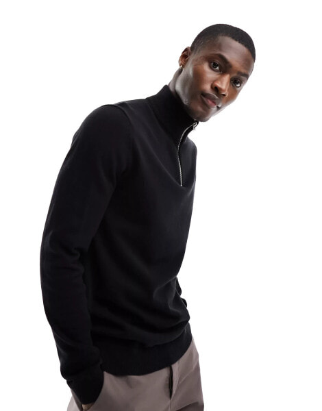 ONLY & SONS knitted half zip jumper in black