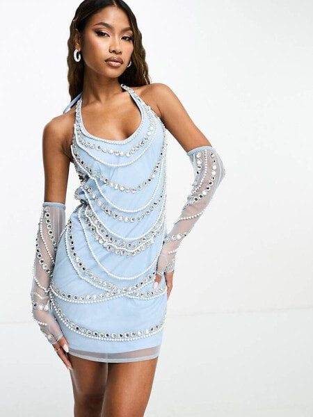 Starlet halterneck mini dress with pearl and diamante embellishment in baby blue