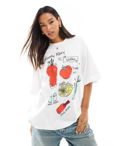 ASOS DESIGN – Oversize-T-Shirt in Weiß mit Bloody Mary-Cocktailgrafik