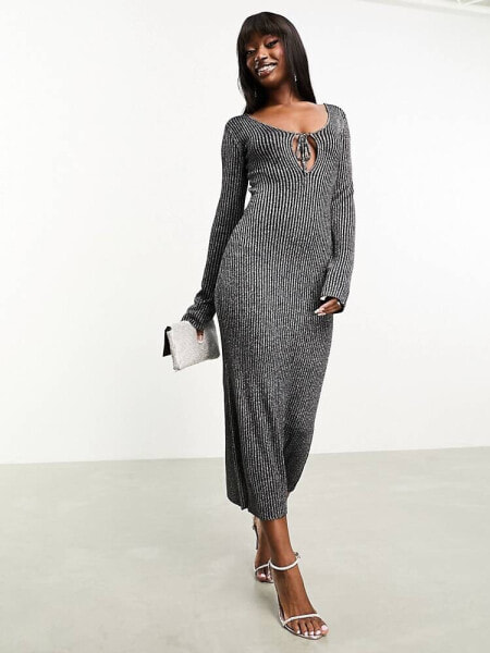 ASOS DESIGN knitted maxi dress with cut out in metallic yarn in silver