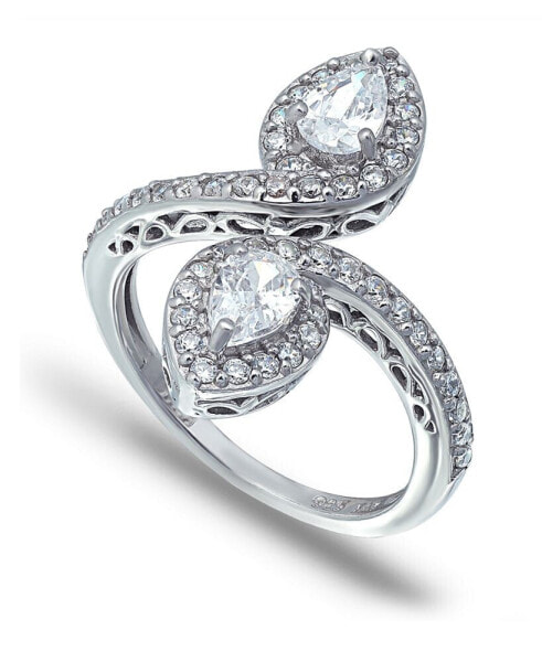 Cubic Zirconia Pear Halo Bypass Ring in Silver Plate