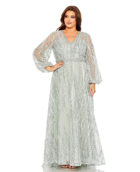 Plus Size V Neck Puff Sleeve Embroidered A Line Gown