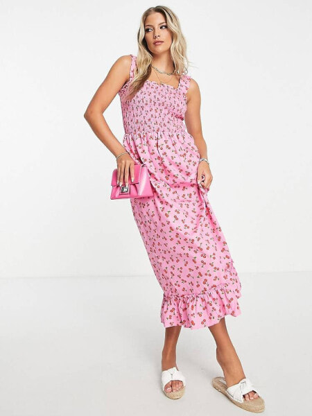 Pieces shirred midi dress in pink cherry print