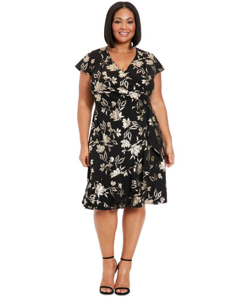 Plus Size Foil-Print Surplice V-Neck Dress