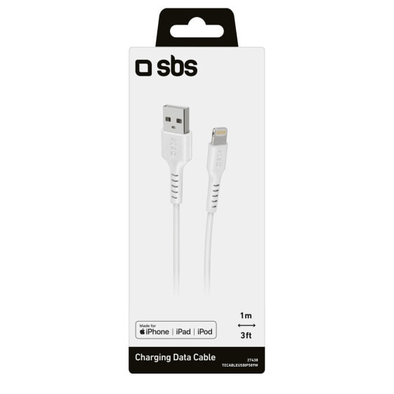 SBS TECABLEUSBIP589W, 1 m, Lightning, USB A, Male, Male, White