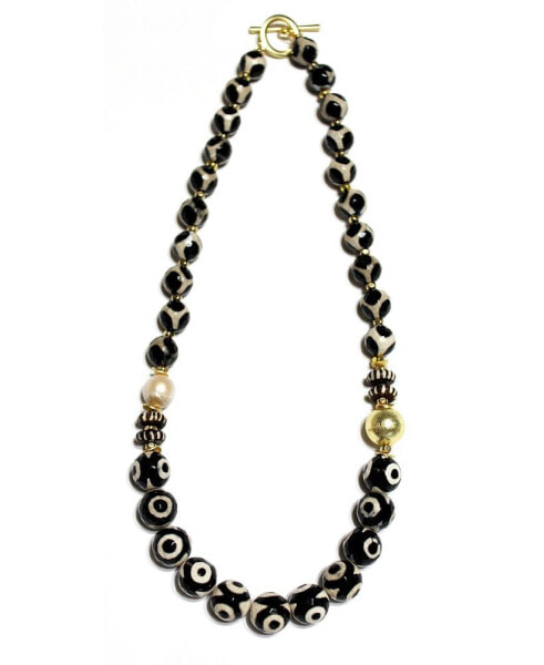 Michael Gabriel Designs black Dahlia Tibetan Agate Beads and Genuine Pearl Necklace