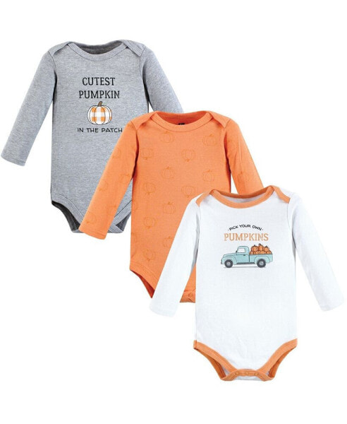 Infant Boy Cotton Long-Sleeve Bodysuits, Pumpkin Truck 3-Pack