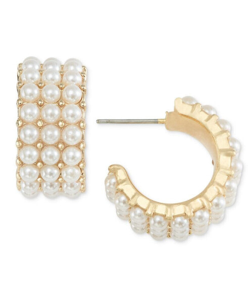 Gold-Tone Small Imitation Pearl Triple-Row C-Hoop Earrings, 0.82", Created for Macy's