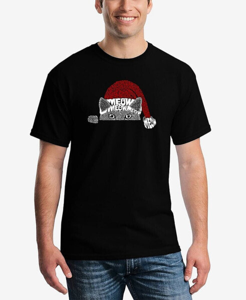 Men's Christmas Peeking Cat Printed Word Art T-shirt