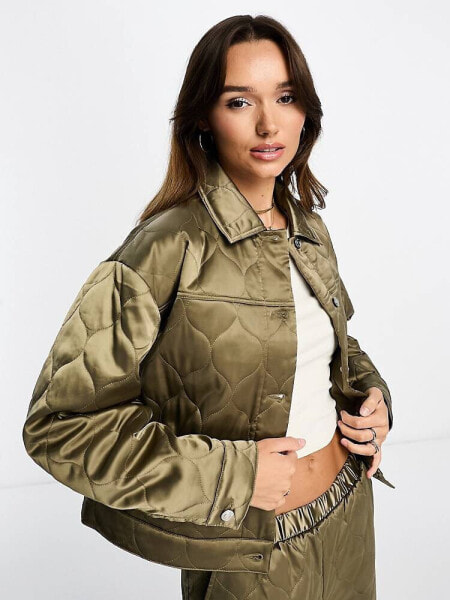 ASOS DESIGN quilted shacket in khaki co-ord