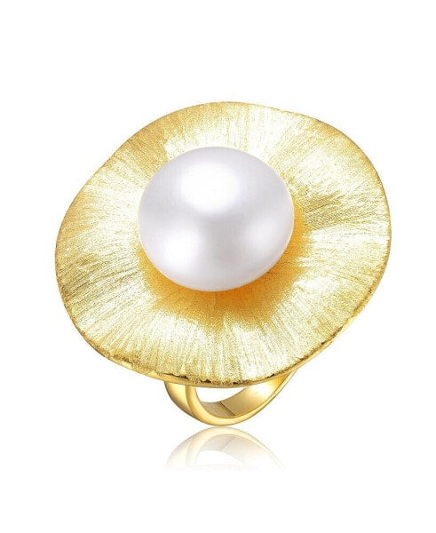 Sterling Silver 14K Gold Plated with Genuine Freshwater Pearl Floral Ring