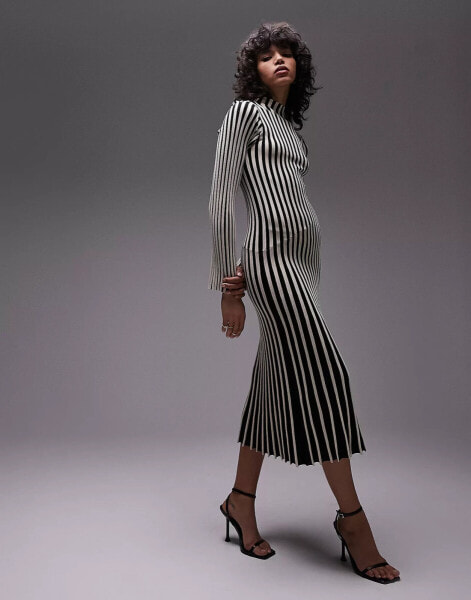 Topshop knitted stripe long sleeve midi dress in monochrome