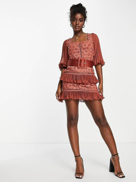 ASOS DESIGN lace mini dress with pleated chiffon and satin belt in rust