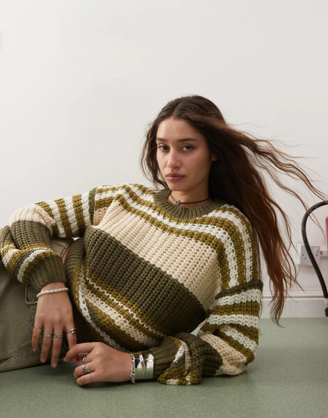 Noisy May chucky open knit jumper in cream & green stripe