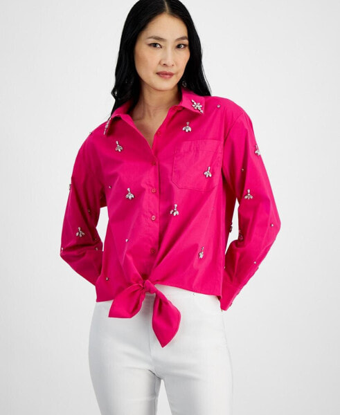 Women's Rhinestone Tie-Front Blouse, Created for Macy's