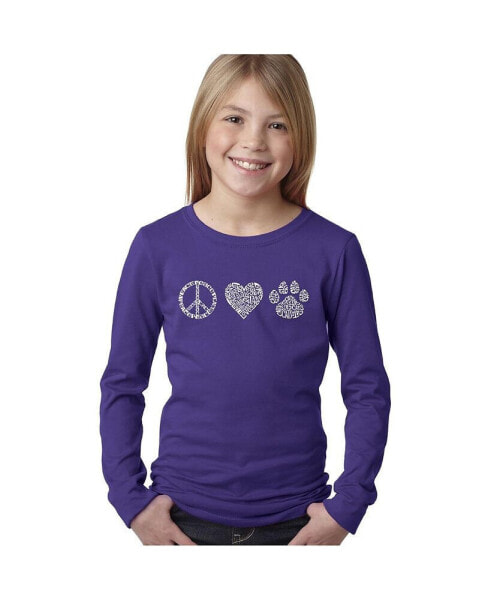 Big Girl's Word Art Long Sleeve T-Shirt - Peace Love Cats