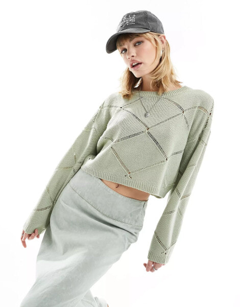 Noisy May pointelle wide neck jumper in light green