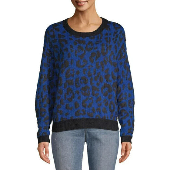 Scoop Women's Blue Leopard Intarsia Crewneck Boxy fit Sweater Size Medium M