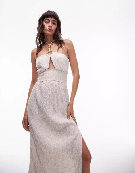 Topshop halter beach dress with ring detail in natural