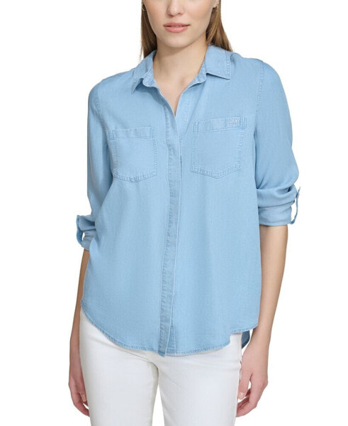 Women's Roll-Tab-Sleeve Button-Front Top